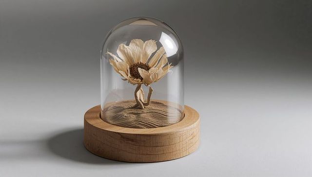 Delicate preserved flower under glass dome with wooden base