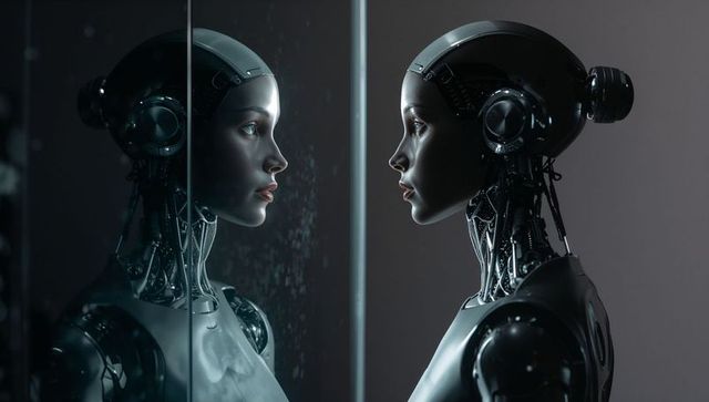 Gazing female android confronting mirror reflection with visible neck wiring and condensation