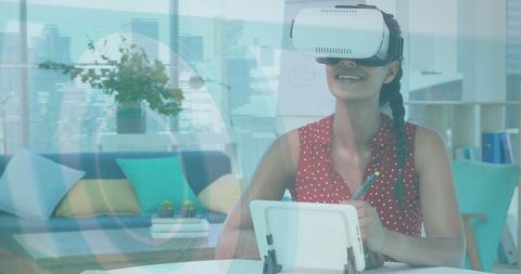 Woman Experiencing Virtual Reality Innovation in Modern Workspace