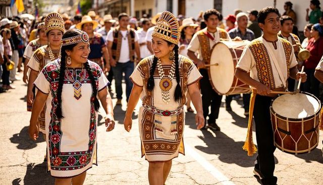 Traditional festival parade with colorful embroidered dresses, beadwork and drummers