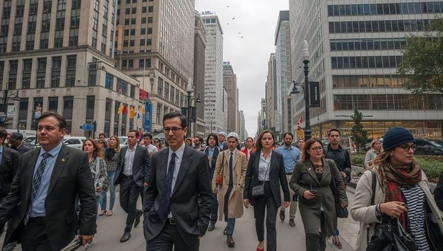 Downtown business commuters walking through urban avenue between highrise office towers