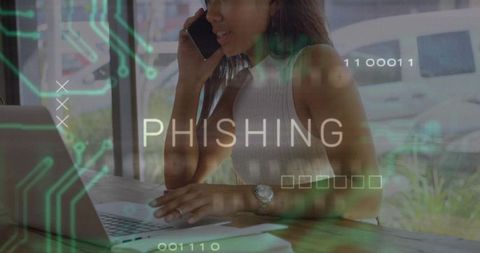 Remote Worker on Phone Typing on Laptop at Cafe with Phishing Warning and Circuit Graphics