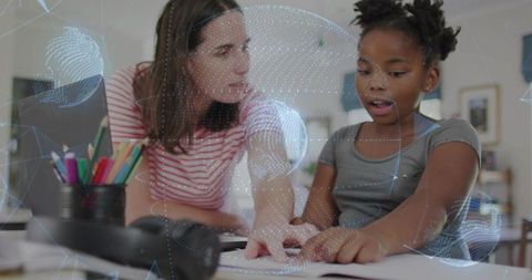 Guiding child through workbook while exploring holographic global network for education