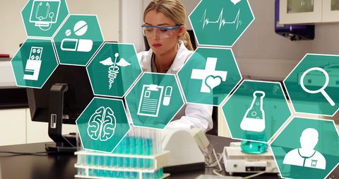 Female Scientist Analyzing Medical Data with Digital Icons Overlay - Download Free Stock Images Pikwizard.com