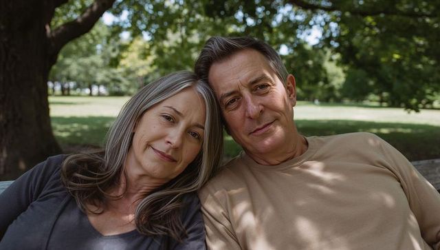 Mature couple leaning heads together on park bench under dappled sunlight