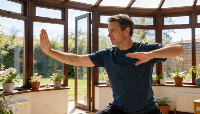 Middle-aged man practicing tai chi in sunlit conservatory with potted plants