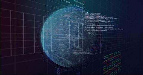 Holographic Wireframe Globe Visualizing Global Network Links, Code Panels and Market Tickers