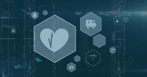 Glowing hexagon heart pulse on telemedicine dashboard showing digital health data interface