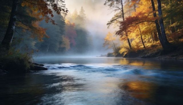 Misty autumn river flowing through golden forest reflecting soft morning light