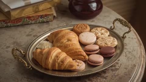 Pastry tray by window light with flaky croissants and pastel macarons on ornate silver platter
