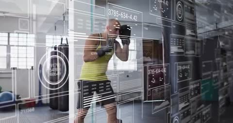 Man Practicing Boxing with Futuristic Animation Overlay