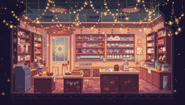 Cozy pixel-art bakery interior glowing with string lights, stocked counters and treats