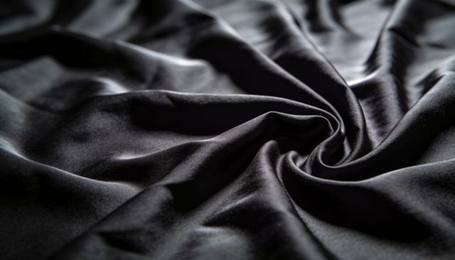 Black satin swirl with luxurious sheen and smooth silk drape for fashion and design