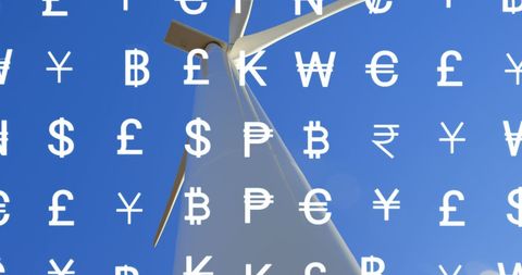 Wind Turbine and Global Currency Symbols Illustrating Renewable Energy Economics