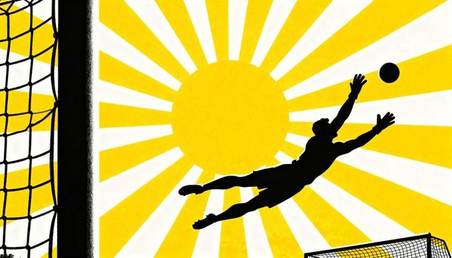 Diving goalkeeper silhouette reaching for ball against bold sunburst background