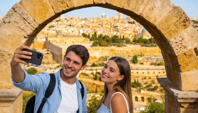Couple taking selfie under ancient stone arch with terraced cityscape at golden hour