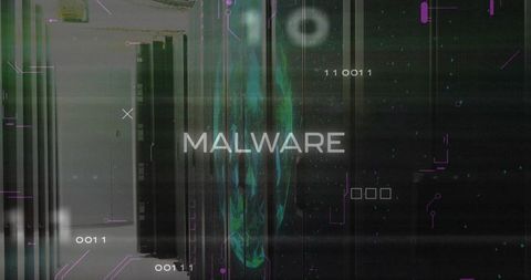 Glowing Malware Hologram Teal Skull Hovering Over Server Rack Cybersecurity Threat Alert