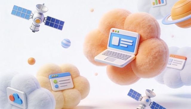 Pastel cloud computing concept with floating 3d laptop, satellites and browser tiles