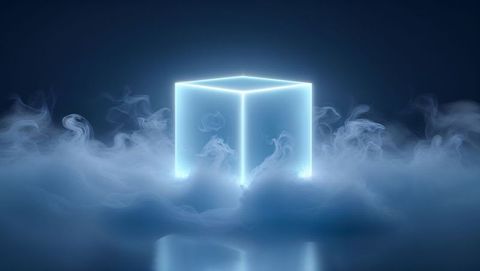 Futuristic neon cube with mist in dark abstract background