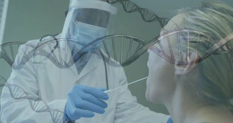 Clinician collecting nasopharyngeal swab for genetic screening with dna helix overlay
