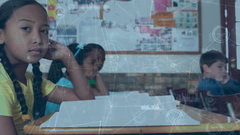 Diverse Students in Classroom with Digital Overlay