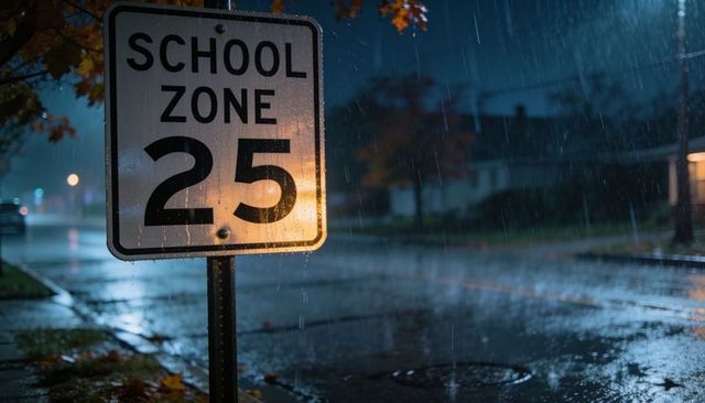 Glowing school zone 25 sign reflecting rain under streetlight at night