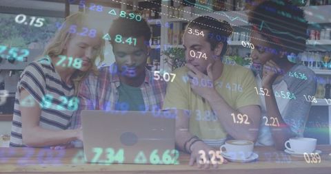 Diverse Group Analyzing Stock Market Data in Coffee Shop Setting