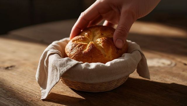 Hand reaching for golden crusty bread roll in linen-lined wicker basket on rustic table