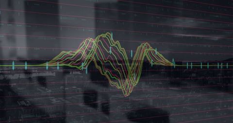 Waveform Data Visualization Overlaying City Skyline and Business Silhouettes