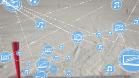 Digital Networking Icons Overlaying Snowy Landscape