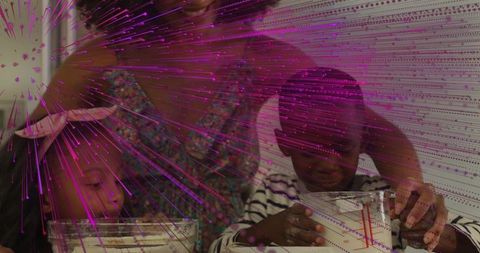 Mother guiding kids pouring milk measuring cup on kitchen counter, purple streak overlay