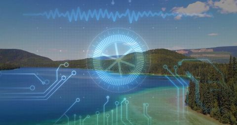 Holographic circular hud hovering over tranquil forest lake with pine peninsula