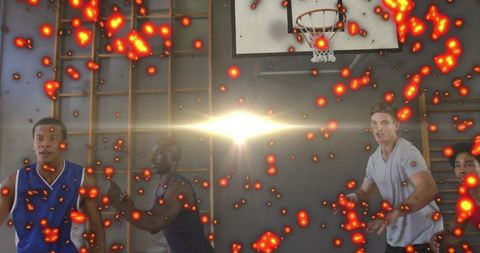 Basketball players battling under hoop with dramatic sparks and cinematic lens flare