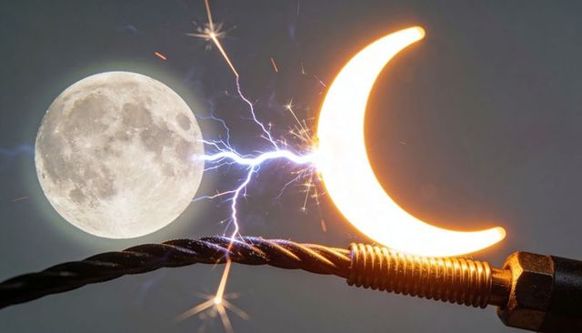 Lunar orb connecting to neon crescent by electric plasma arc over brass clamp and cable