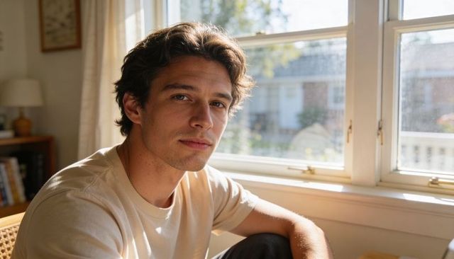 Young man sitting by sunlit window in minimalist living room, casual portrait