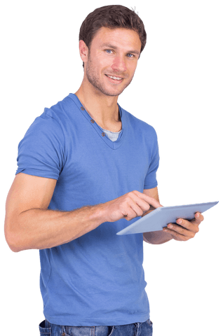Man Scrolling Tablet in Casual Blue Shirt, Transparent Background - Download Free Stock Videos Pikwizard.com
