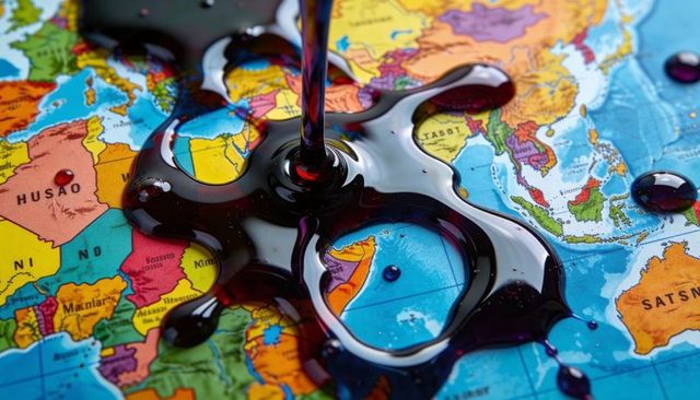 Viscous dark liquid pouring over world map forming glossy pool symbolizing oil geopolitics