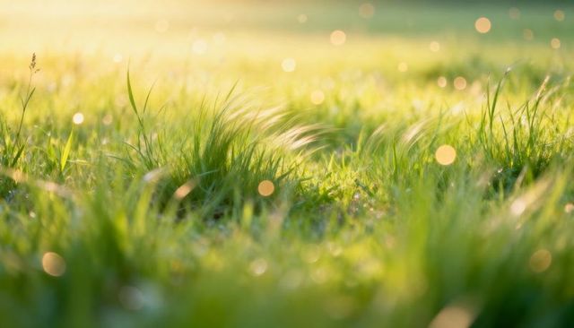 Sunlit dewy meadow with glistening grass blades, golden bokeh and soft morning glow