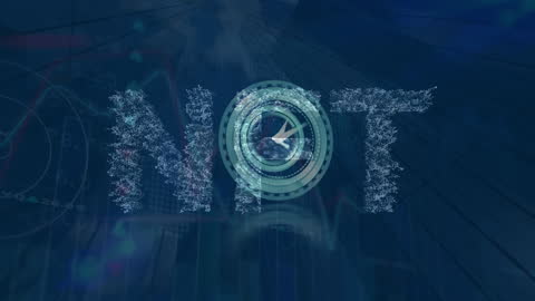 NFT Text with Moving Clocks Over Digital Data Visualization