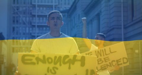Protester shouting with ukraine flag overlay