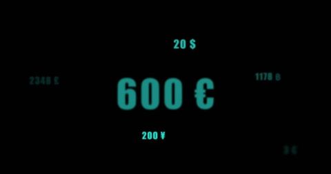 Neon currency symbols in futuristic digital interface