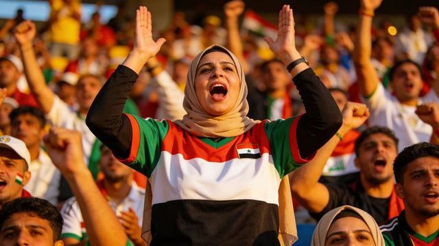 Passionate syrian fans cheering in stadium woman leading chant wearing hijab and team jersey