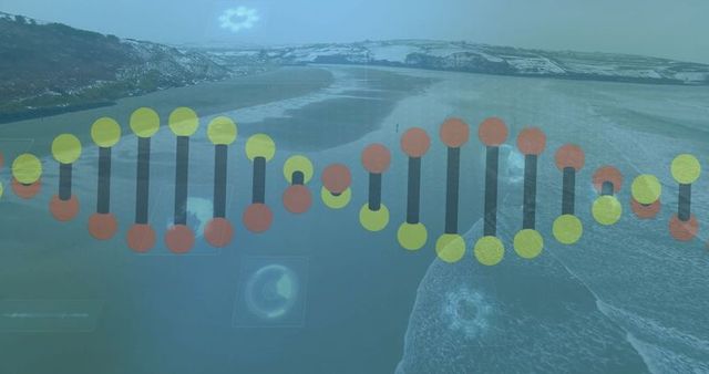 Dna overlay on coastal landscape with molecular icons