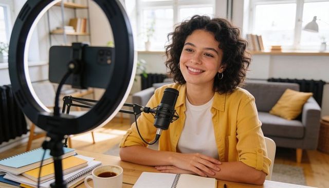 Hispanic creator recording podcast smiling at home desk with ring light and microphone