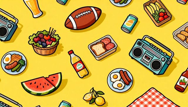 Retro picnic pattern featuring boombox, watermelon, football, gingham blanket and snacks