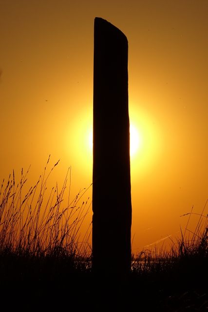 Stone column silhouetted against golden sunset with tall grass foreground. Ideal for websites, brochures, and educational materials about nature, history, and architecture.