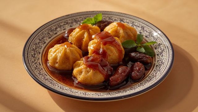 Caramel-glazed fried dumplings with dates on blue-rim ceramic plate, garnished with mint