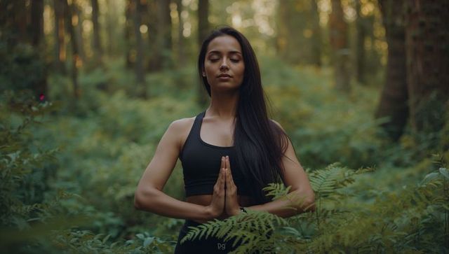 Woman Meditating in Forest Glade Promoting Tranquility and Mindfulness