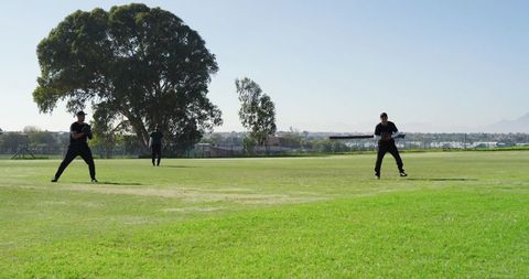 Three men practicing cricket on wide suburban grass field with large tree and distant city skyline