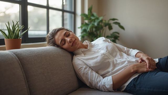 Young woman napping on gray sofa by window with houseplants, serene minimalist lifestyle
